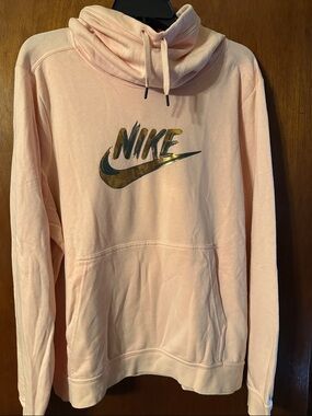 Nike Women's Light Peach Pullover Hoodie with Gold Logo Cowl Neck